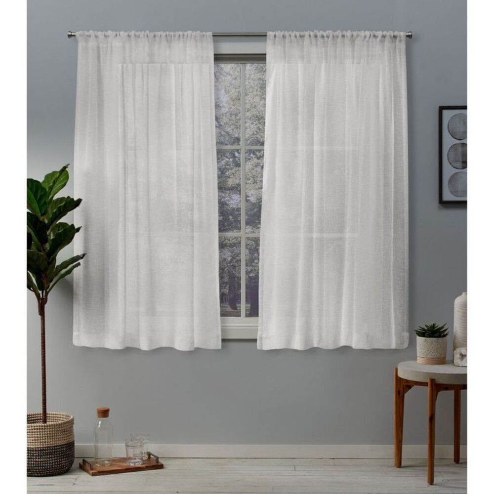 Belgian Textured Linen Rod Pocket Sheer Curtain Panels Ivory 96x50 Set/2